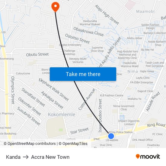 Kanda to Accra New Town map