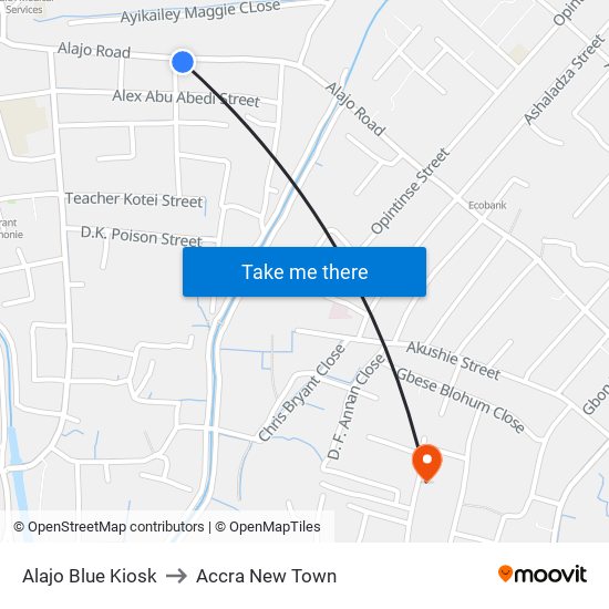 Alajo Blue Kiosk to Accra New Town map