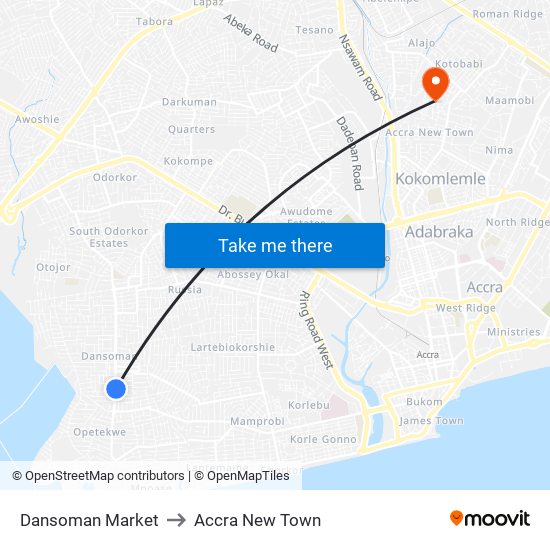 Dansoman Market to Accra New Town map