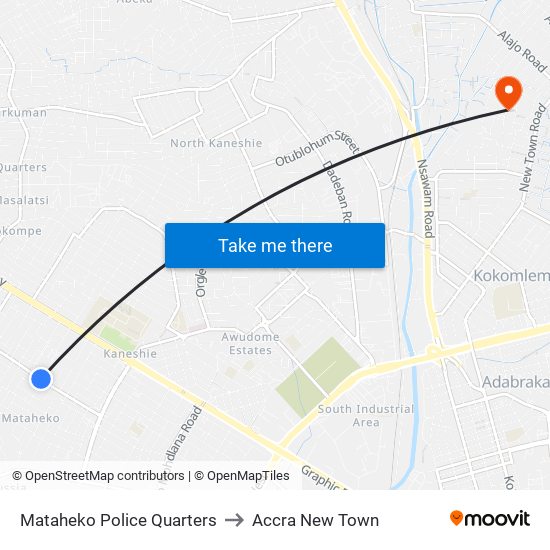 Mataheko Police Quarters to Accra New Town map