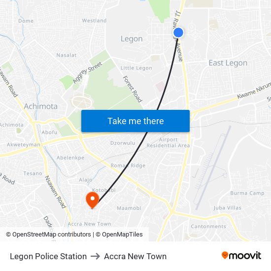 Legon Police Station to Accra New Town map