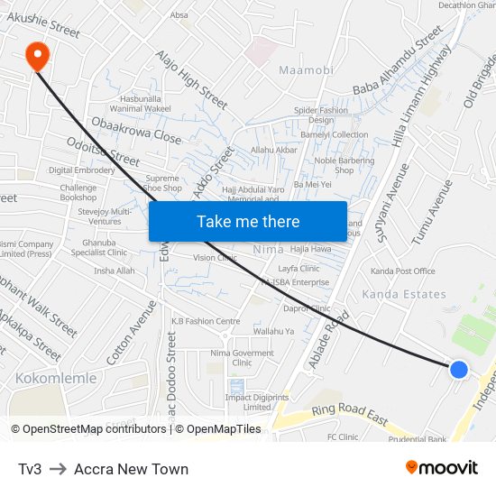 Tv3 to Accra New Town map