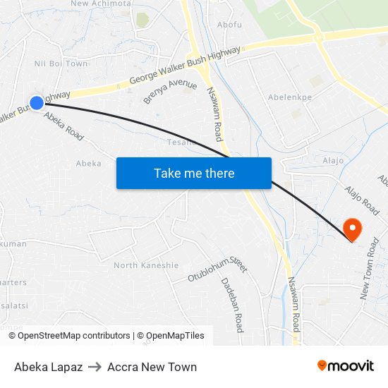 Abeka Lapaz to Accra New Town map