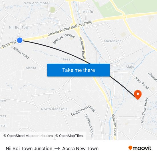 Nii Boi Town Junction to Accra New Town map
