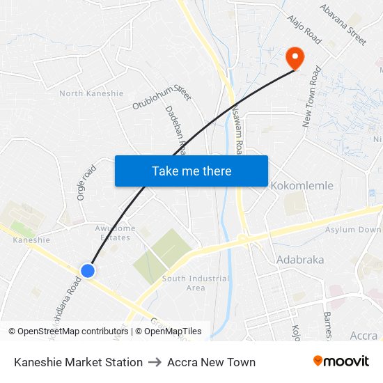 Kaneshie Market Station to Accra New Town map