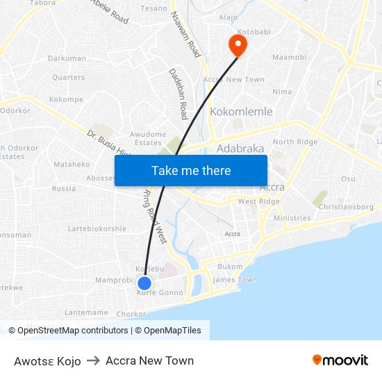 Awotsɛ Kojo to Accra New Town map