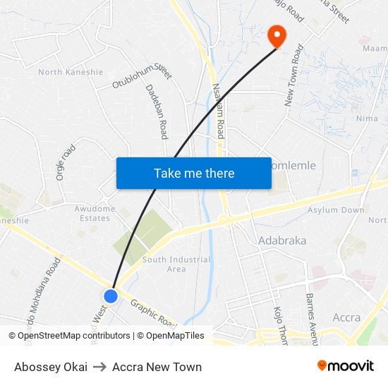 Abossey Okai to Accra New Town map