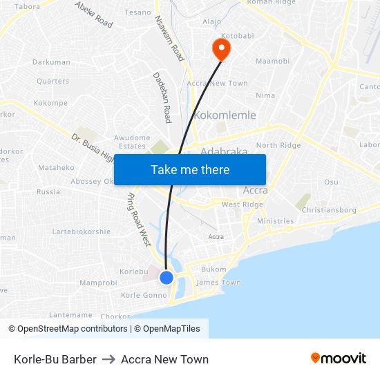 Korle-Bu Barber to Accra New Town map