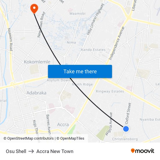 Osu Shell to Accra New Town map