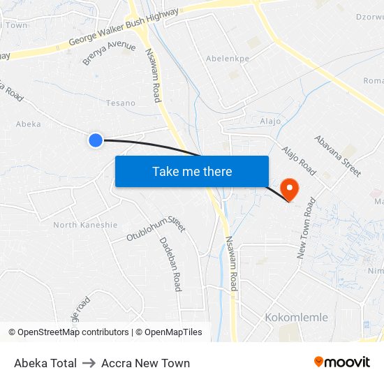 Abeka Total to Accra New Town map