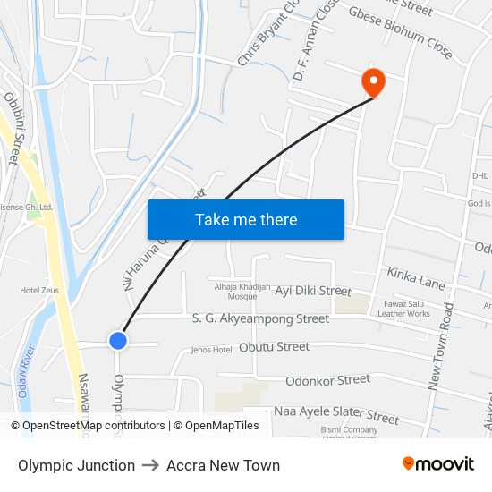 Olympic Junction to Accra New Town map