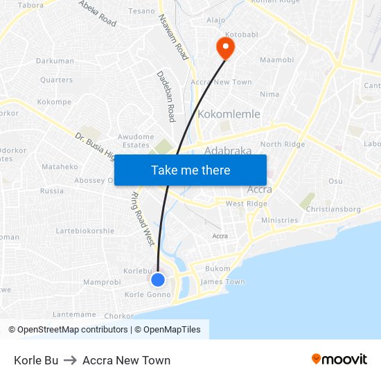 Korle Bu to Accra New Town map