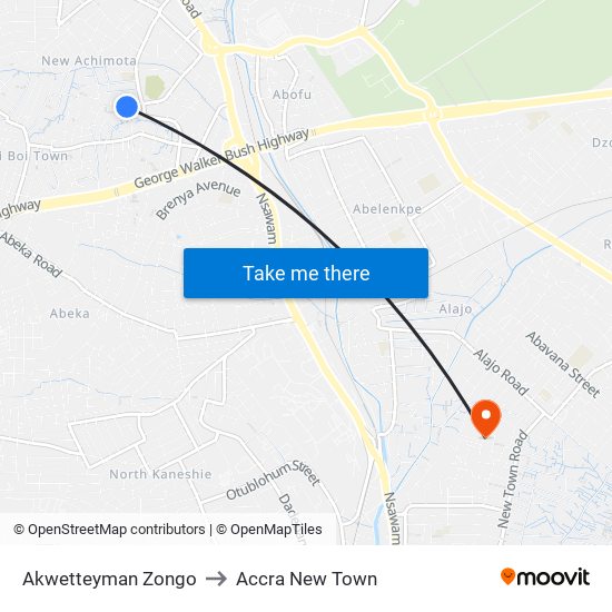 Akwetteyman Zongo to Accra New Town map