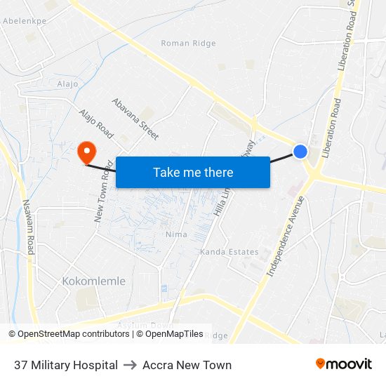 37 Military Hospital to Accra New Town map