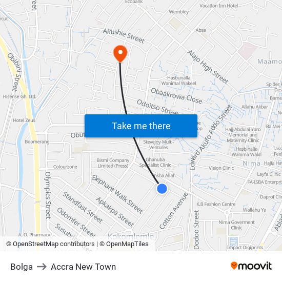 Bolga to Accra New Town map