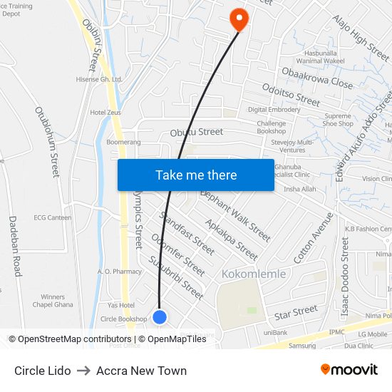 Circle Lido to Accra New Town map