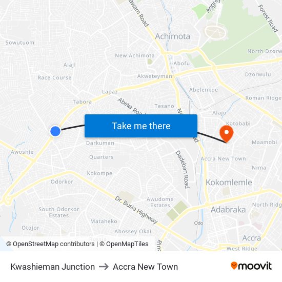 Kwashieman Junction to Accra New Town map