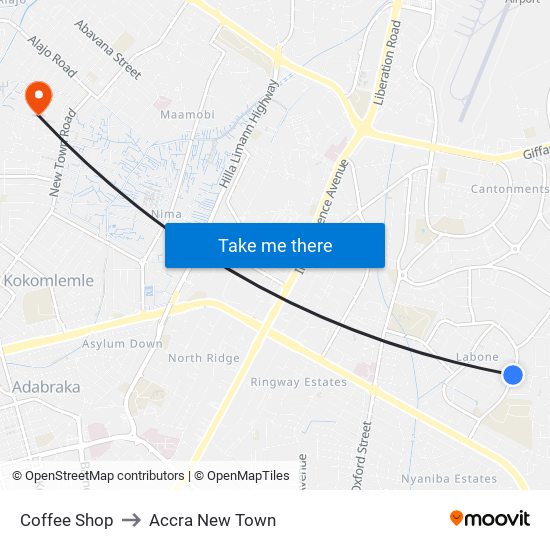 Coffee Shop to Accra New Town map