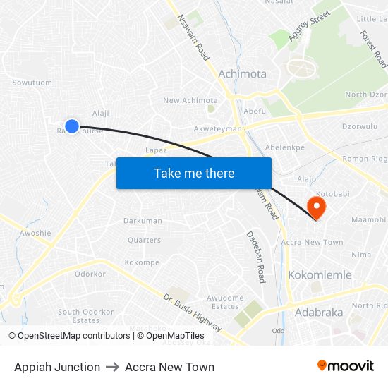 Appiah Junction to Accra New Town map