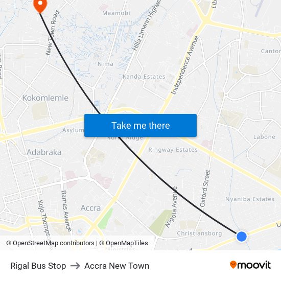 Rigal Bus Stop to Accra New Town map