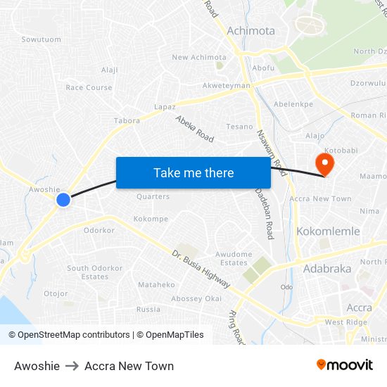 Awoshie to Accra New Town map