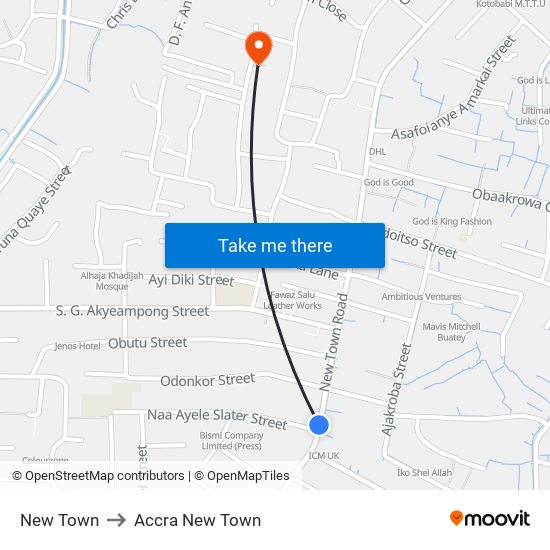 New Town to Accra New Town map