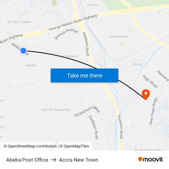 Abeka Post Office to Accra New Town map
