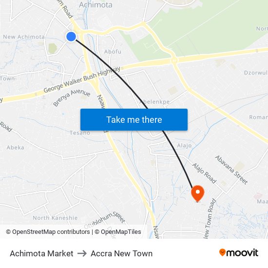 Achimota Market to Accra New Town map