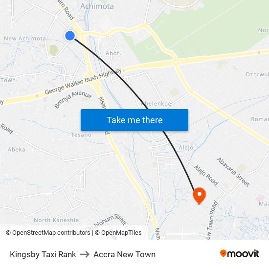 Kingsby Taxi Rank to Accra New Town map