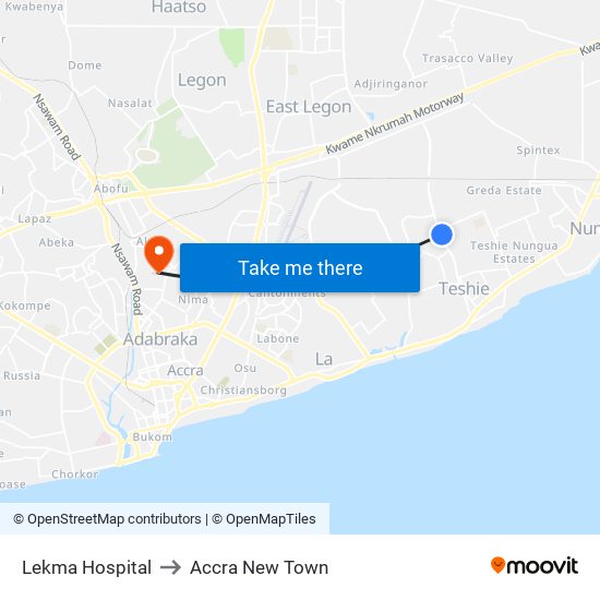 Lekma Hospital to Accra New Town map