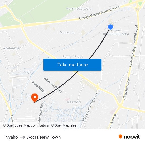 Nyaho to Accra New Town map