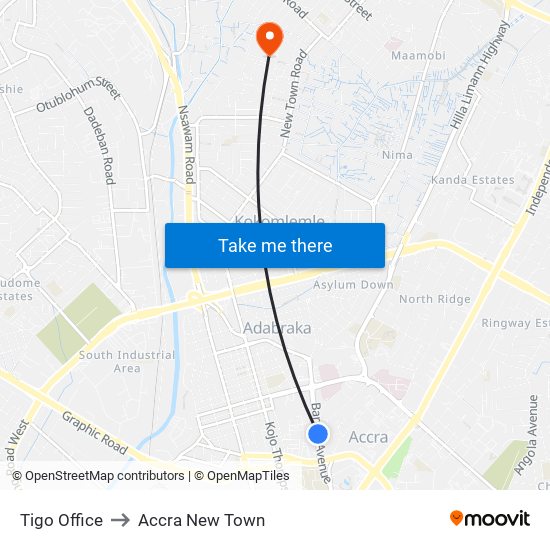 Tigo Office to Accra New Town map