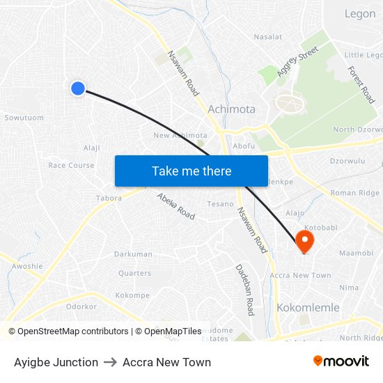 Ayigbe Junction to Accra New Town map