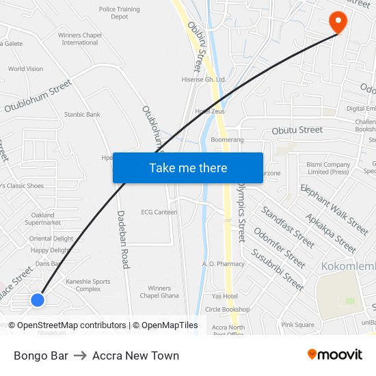 Bongo Bar to Accra New Town map