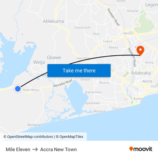 Mile Eleven to Accra New Town map