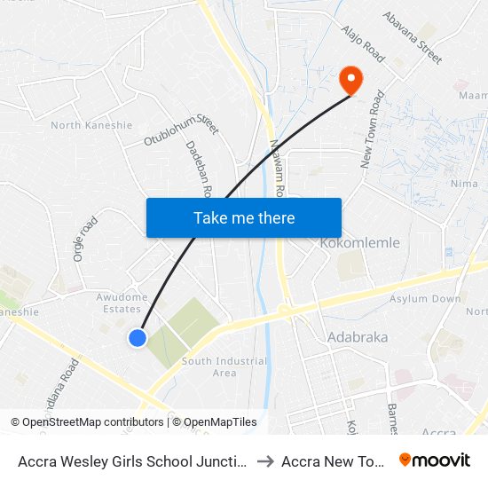 Accra Wesley Girls School Junction to Accra New Town map