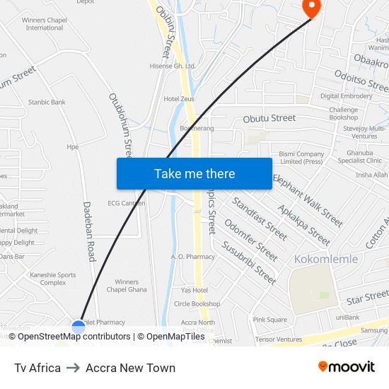 Tv Africa to Accra New Town map