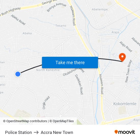 Police Station to Accra New Town map