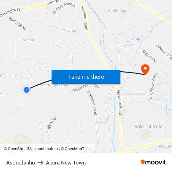 Asoredanho to Accra New Town map