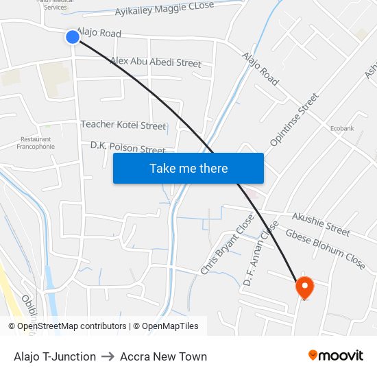 Alajo T-Junction to Accra New Town map