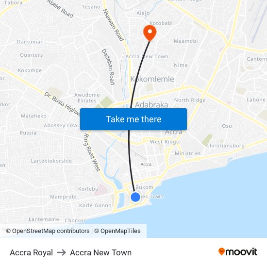 Accra Royal to Accra New Town map