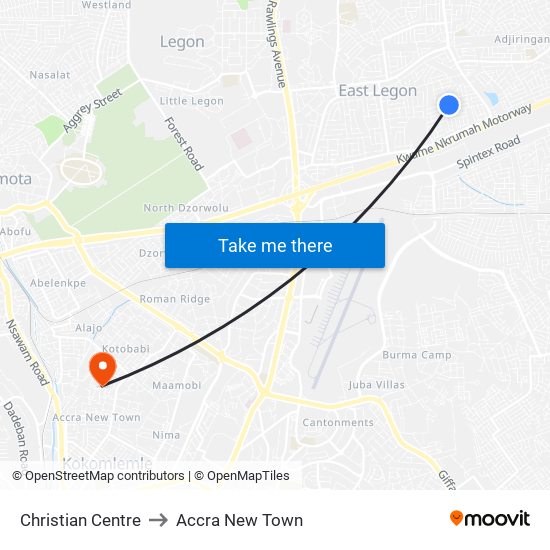 Christian Centre to Accra New Town map