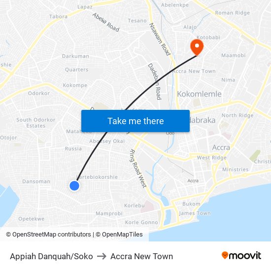 Appiah Danquah/Soko to Accra New Town map