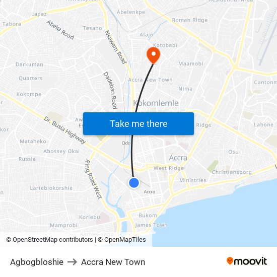 Agbogbloshie to Accra New Town map