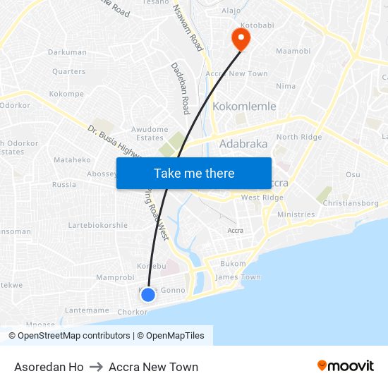 Asoredan Ho to Accra New Town map