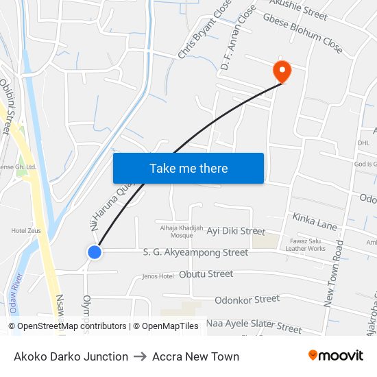 Akoko Darko Junction to Accra New Town map