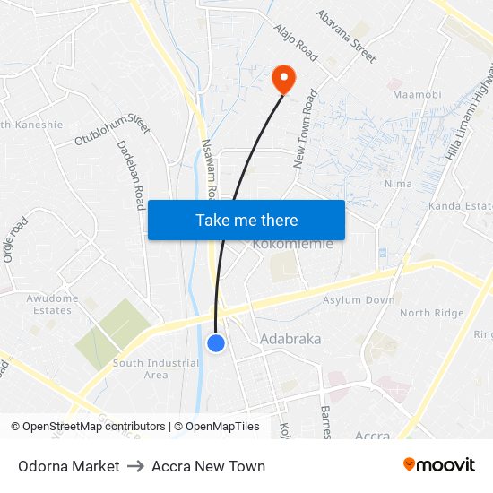 Odorna Market to Accra New Town map