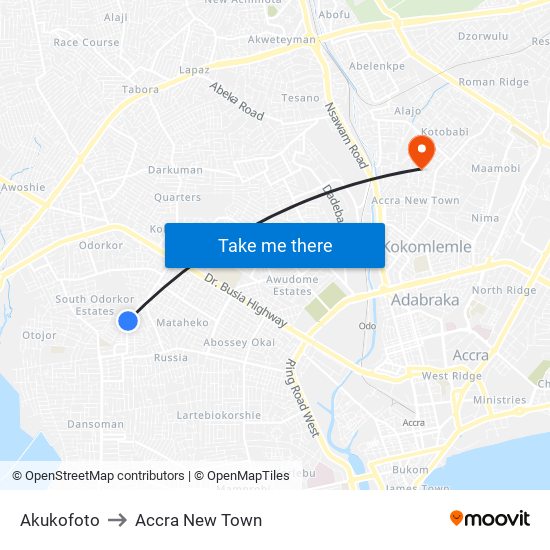Akukofoto to Accra New Town map