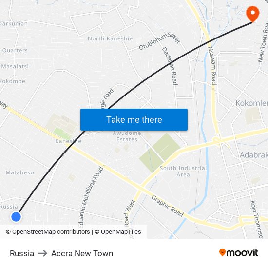 Russia to Accra New Town map