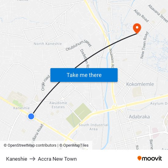 Kaneshie to Accra New Town map